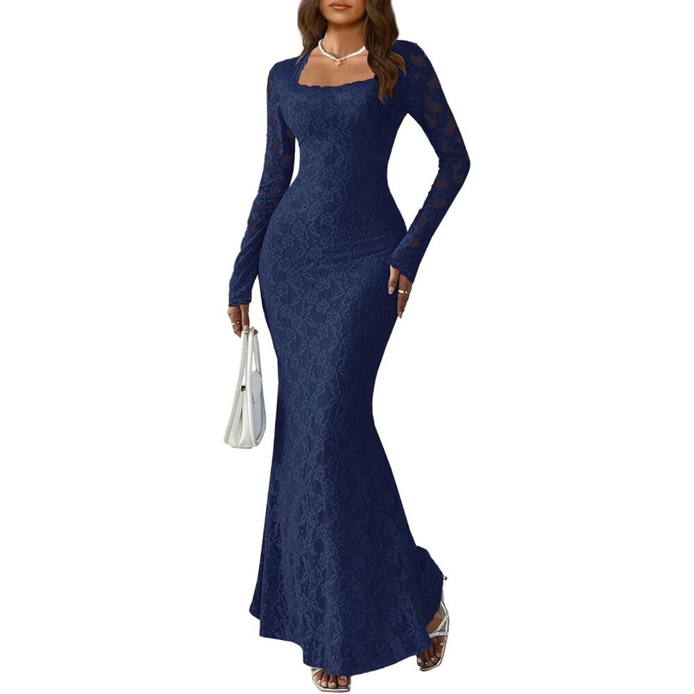 Women Navy Blue Dress Elegant Square Neck Long Sleeve Floral Lace Sexy Wedding